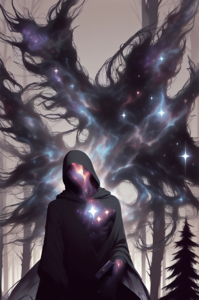 dark celestialskin body , void cosmic body, colored skin, flat color, jet black skin, a white cloak, hood on, holding an open book infront of him, silhouette,1boy,
portrait, upper body,in a forest , front view, holding a book, a flying book, flying pages.