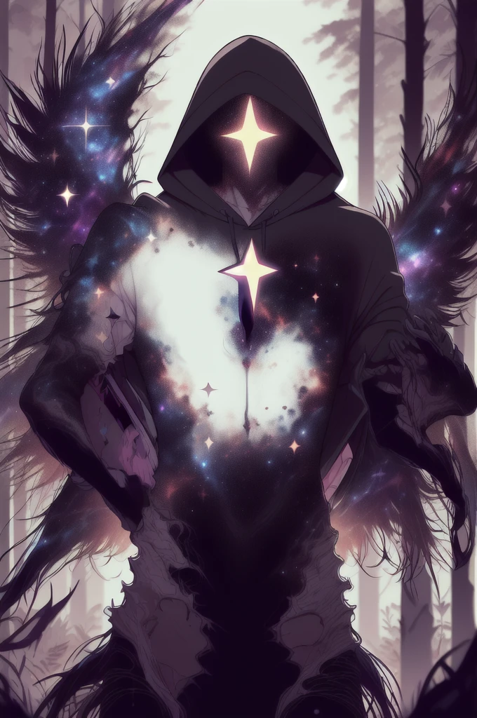 dark celestialskin body , void cosmic body, colored skin, flat color, jet black skin, a white cloak, hood on, holding an open book infront of him, silhouette,1boy, 
portrait, upper body,in a forest , front view, holding a book, a flying book, flying pages.