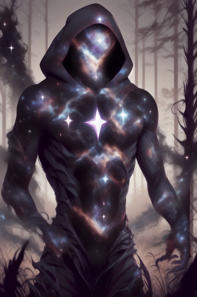 dark celestialskin body , void cosmic body, colored skin, flat color, jet black skin, a white cloak, hood on, holding an open book infront of him, silhouette,1boy, 
portrait, upper body,in a forest , front view, holding a book, a flying book, flying pages.