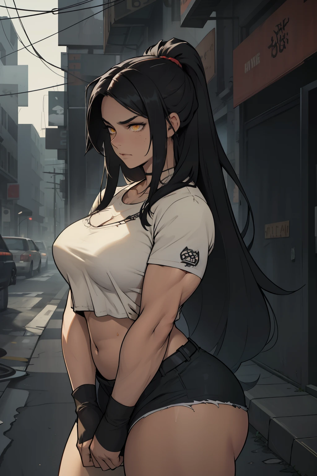 long flowing hair muscular girl she's sad the streets are empty dark and destroyed looking at camera the atmosphere is heavy she's busty and very thick she's alone and there a gloomy atmosphere going on black hair yellow eyes pale skin tattered clothes and grimy