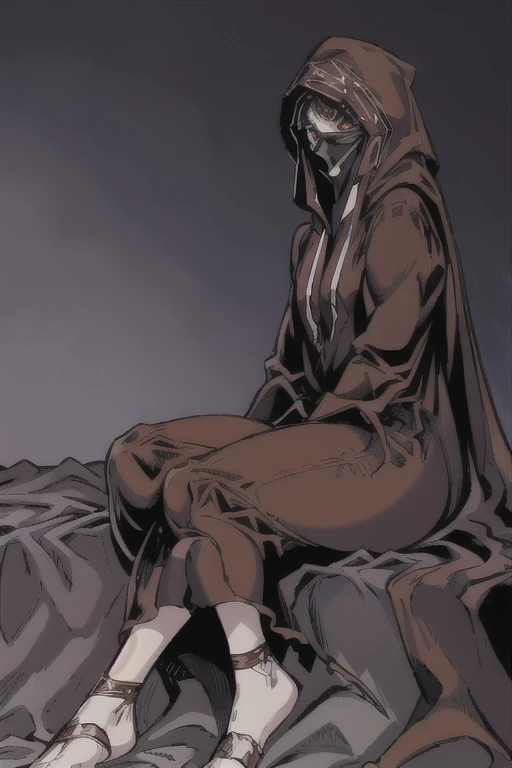 No name assassin, red eyes, cloak, long robe, long skirt, mask, hood, long cape, full body, best quality, masterpiece, sitting, bedroom, bed, dutch angle 