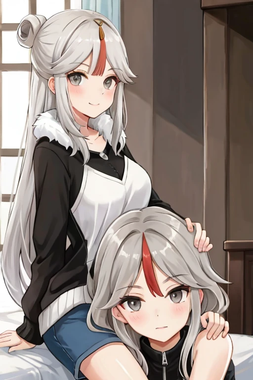 half-length image, young adult women, long light grey hair, grey eyes