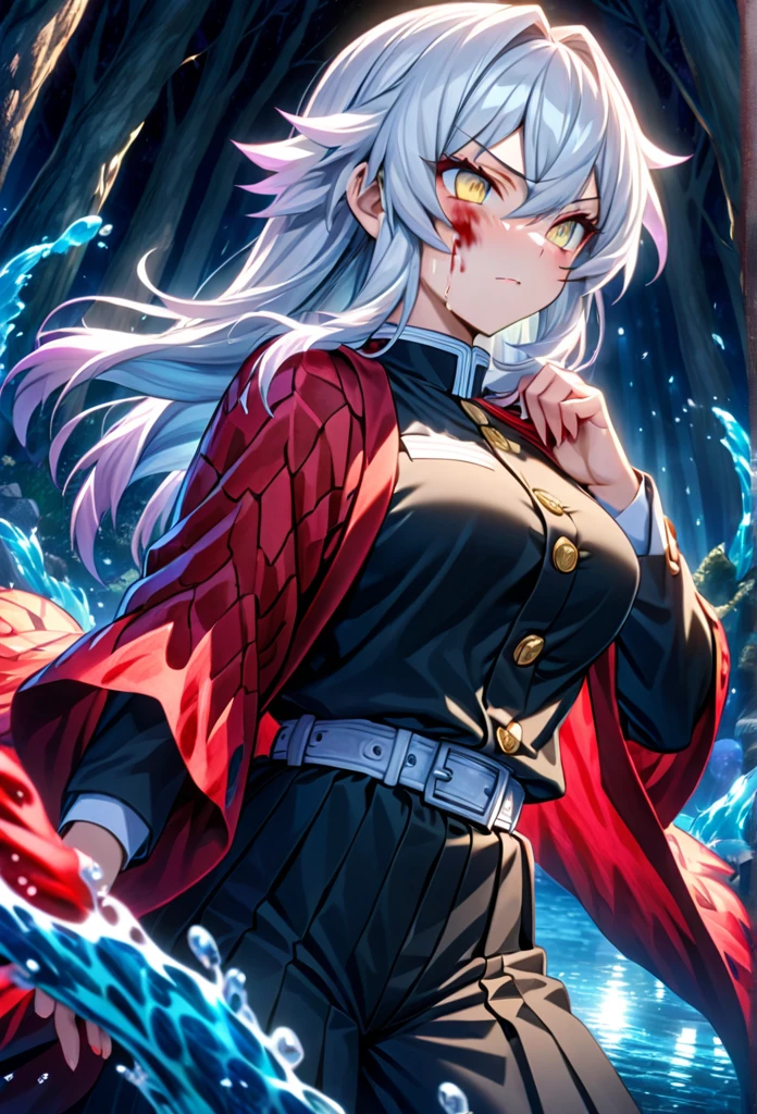 Ultra detailed, high resolution, absurd, HDR, masterpiece, anime girl and boy, beautiful woman (with long white hair with deep red streaks, woman (with yellow eyes), the woman (is wearing a red haori), in black demon slayer corps uniform, Kimetsu No Yaiba, fantasy, handsome, Tomioka Giyu, Hashira, Tomioka is serious, couple, night, forest, best quality, extremely detailed face, anime, the girl is really hurt, the girl is covered in blood , Tomioka is a strong man, Tomioka Giyu is trying to protect the pretty girl, Tomioka is protecting his lover, both are powerfull, powerfull couple, water and blood power, water hashira, blood hashira, both are serious and focused