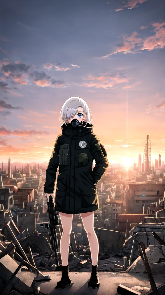 
a 20 year old girl, from the anime jujutsu kaisen, full body, from head to toe, short white hair, one eye blue and the other brown, with a detailed gas mask on her face, beautiful, full body, with a sniper, with a destroyed city in the background at sunset, high quality, hyper detailed 4k