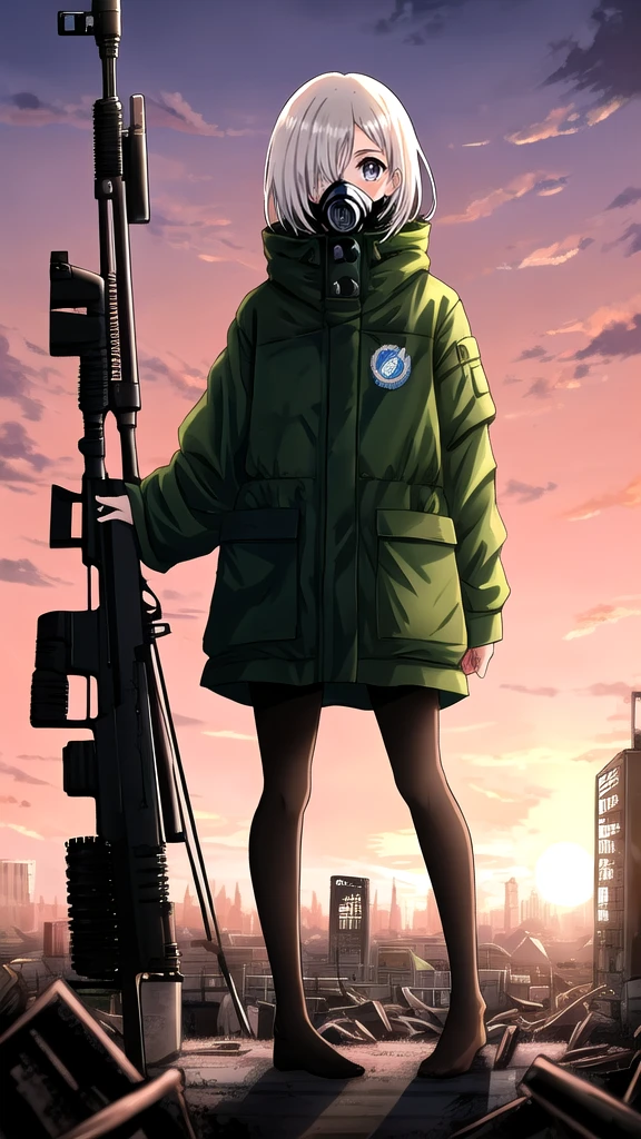 
a 20 year old girl, from the anime jujutsu kaisen, full body, from head to toe, short white hair, one eye blue and the other brown, with a detailed gas mask on her face, beautiful, full body, with a sniper, with a destroyed city in the background at sunset, high quality, hyper detailed 4k