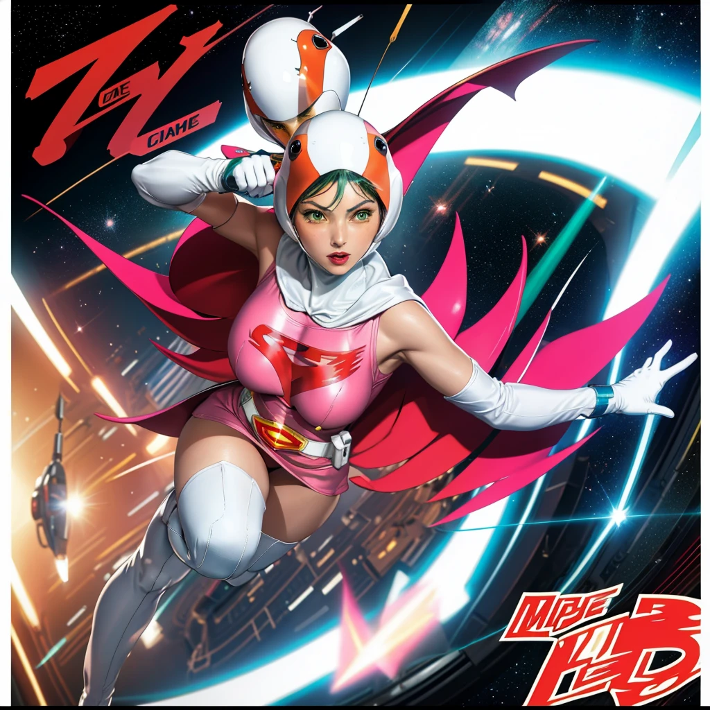 ANI_CLASSIC_jun_gatchaman_ownwaifu,1girl, 15 years old,good anatomy, masterpiece, best quality,realistic, hyperrealistic, 16k hdr,breasts,green eyes,lips,large breasts,lipstick,makeup,gloves,cape,helmet,belt,elbow gloves,white gloves,mask,ultra miniskirt,leotard,spacesuit,white tight overknee highheels boots,pink dress,superhero,bodysuit,cleavage,erected nipples,((jumping poses,arms up straight)),cameltoe