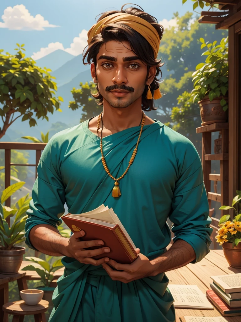 (cute, beautiful) indian (man ), (wearing) (loose summer outfit), [holding book(Optimistic).

(Photorealistic), (vivid colors), (ultra-detailed), (masterpiece:1.2), [studio lighting].

Please generate the Stable Diffusion prompt directly without adding any prefix.