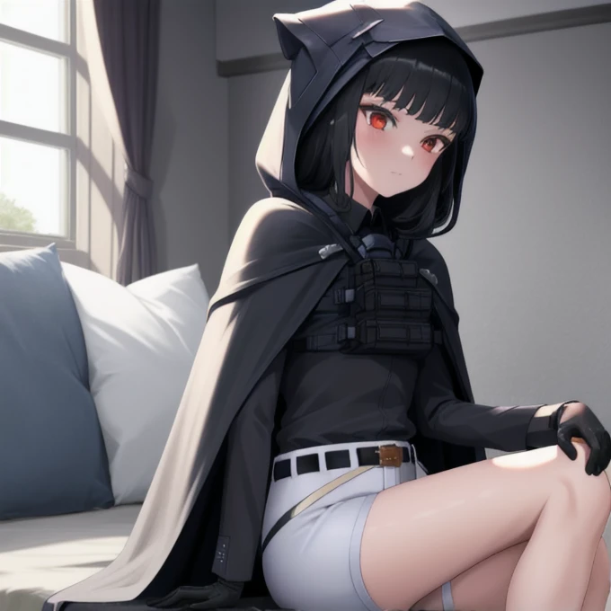 Solo, 1girl, dnikke, long sleeves, hood up, black shirt, gloves, shorts, cloak, cape, belt, tactical clothes, room, sitting 