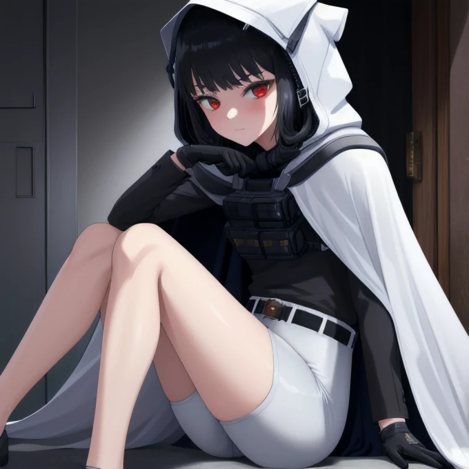 Solo, 1girl, dnikke, long sleeves, hood up, black shirt, gloves, shorts, cloak, cape, belt, tactical clothes, room, sitting 