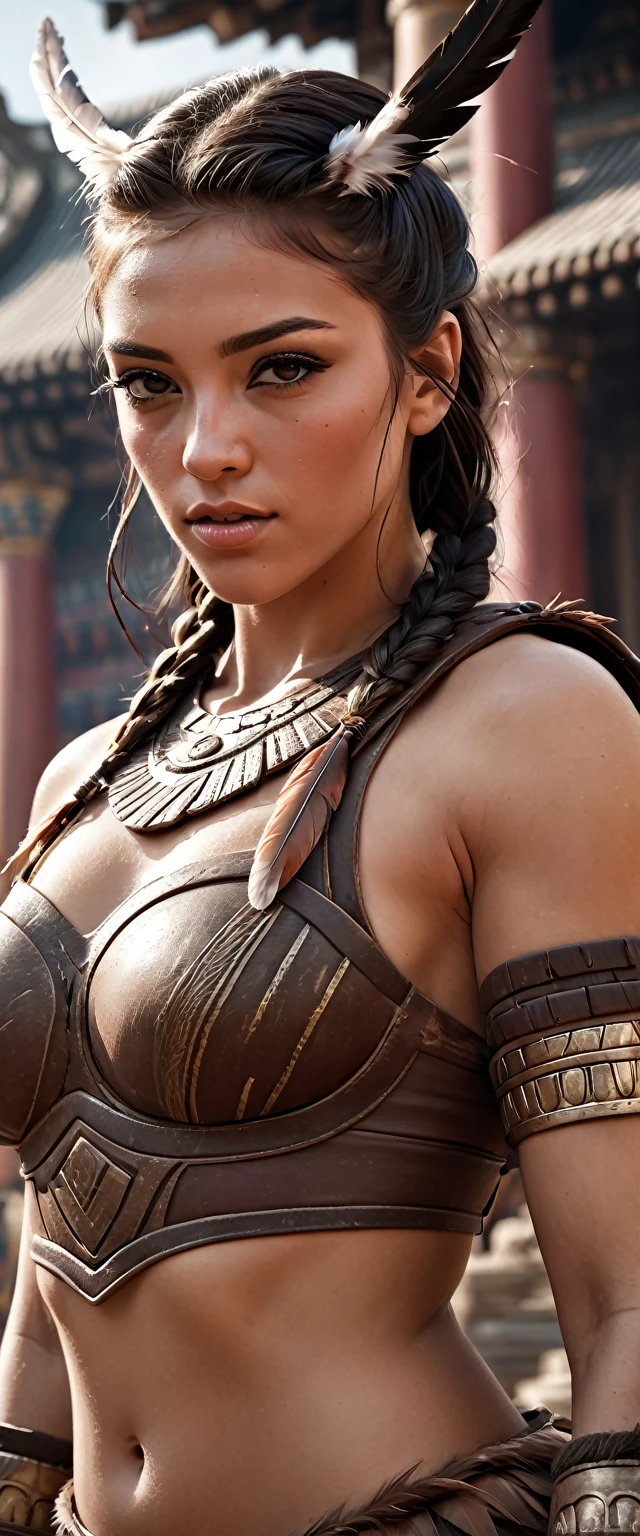 close up, photorealistic, (masterpiece:1.3), (best quality:1.3), beautiful, (intricate details), unity 8k wallpaper, ultra detailed, beautiful, aesthetic, perfect lighting, crowd around WestGark, very strong woman, (muscular:1.2), wearing leather plastron armor, wearing animal mask with feathers, wearing toga, hunting, (aztec temple background:1.0), (perfect hands:1.2),,