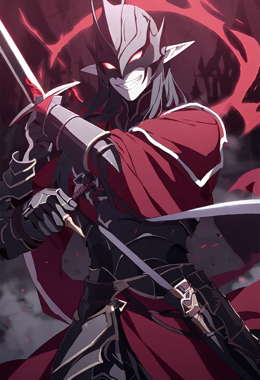 Male Elf, clad in armor made of dark metal, helmet with the mask of a demonic grin, long red robe, curved two-handed sword, creepy angular armor