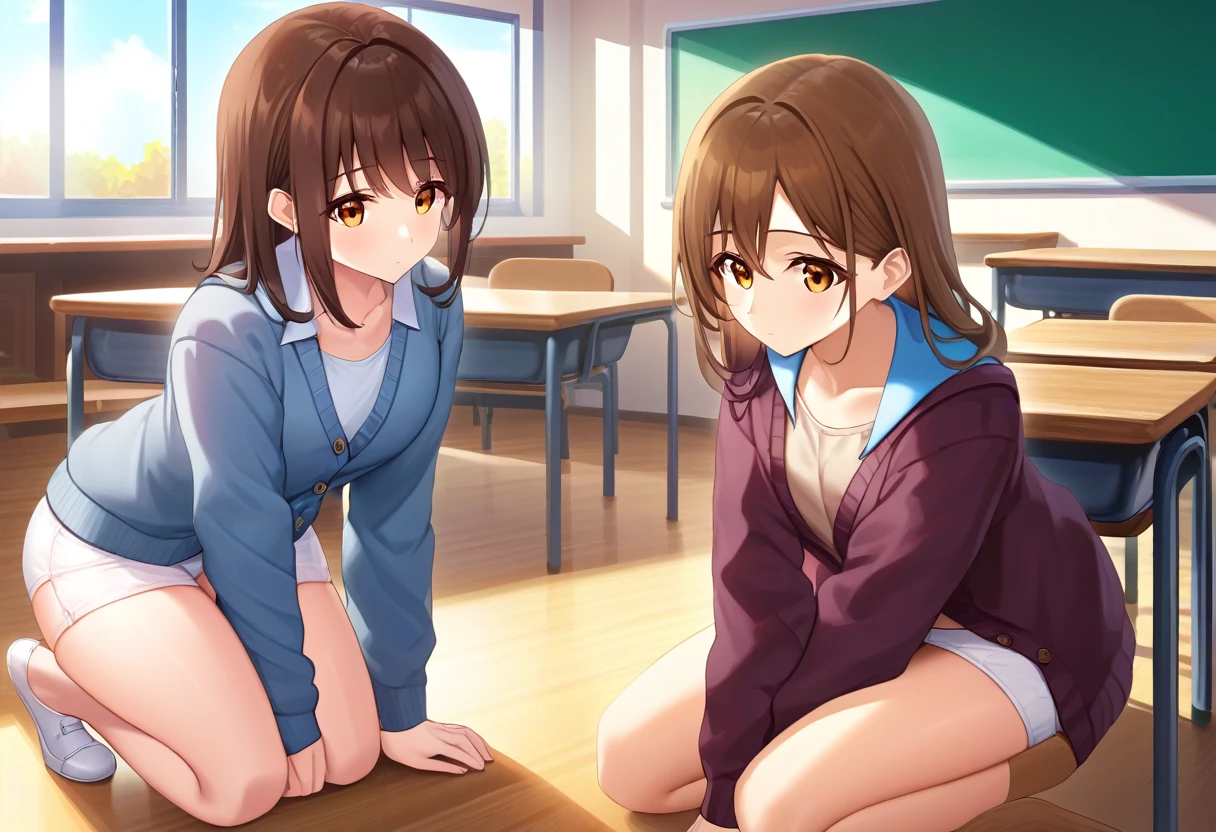 highest quality,((2 girls:1.5)), (cardigan)、eight-headed body, Put your knees on your chest:1.5, ((high )), ((classroom:1.5)), (White panties:1.5), Brown hair