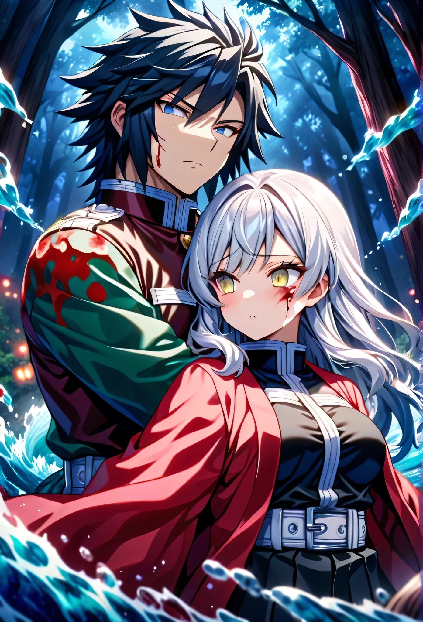 Ultra detailed, high resolution, absurd, HDR, masterpiece, anime girl and boy, beautiful woman (with long white hair with deep red streaks, woman (with yellow eyes), the woman (is wearing a red haori), in black demon slayer corps uniform, Kimetsu No Yaiba, fantasy, handsome, Tomioka Giyu, Hashira, Tomioka is serious, couple, night, forest, best quality, extremely detailed face, anime, the girl is really hurt, the girl is covered in blood , Tomioka is a strong man, the girl have a feral expression, the girl is serious, Tomioka Giyu is trying to protect the pretty girl, Tomioka is protecting his lover, both are powerfull, powerfull couple, water and blood power, water hashira, blood hashira 