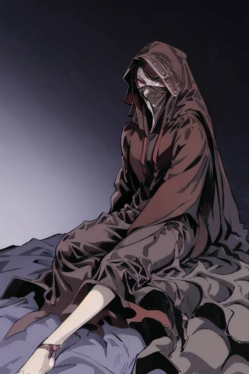 No name assassin, red eyes, cloak, long robe, long skirt, mask, hood, long cape, full body, best quality, masterpiece, sitting, bedroom, bed, dutch angle