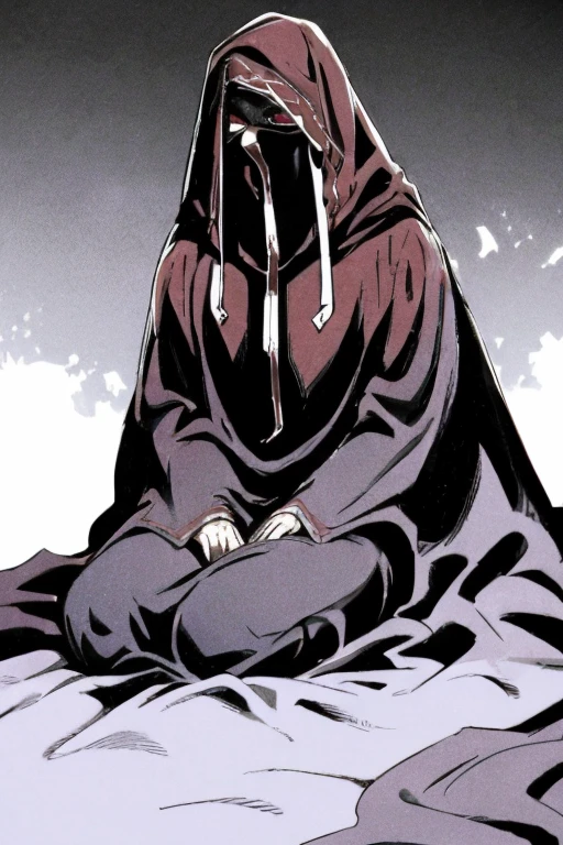 No name assassin, red eyes, cloak, long robe, long skirt, mask, hood, long cape, full body, best quality, masterpiece, sitting, bedroom, bed, dutch angle 