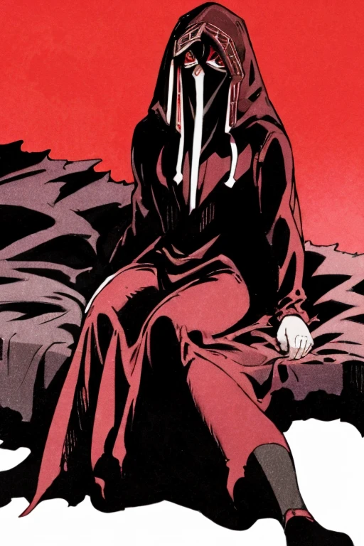 No name assassin, red eyes, cloak, long robe, long skirt, mask, hood, long cape, full body, best quality, masterpiece, sitting, bedroom, bed, dutch angle