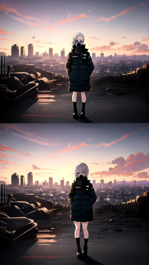 
a 20 year old girl, from the anime jujutsu kaisen, full body, from head to toe, short white hair, one eye blue and the other brown, with a detailed gas mask on her face, beautiful, full body, with a sniper, with a destroyed city in the background at sunset, high quality, hyper detailed 4k
