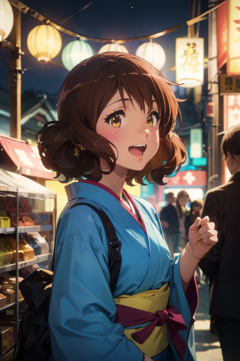 (Best image quality, 8K, high quality, High detail,masterpiece:1.2)、kumiko oumae,Oumae Kumiko,Eye Light、Face Light、Sparkling Eyes、solo、1 girl、Look at the viewer、sketch、Flat Color、、anime、animeカラーリング、(night、stall、Japanese Festivals:1.3)、Kumiko Oumae、(Yellow yukata:1.3)、smile、Laugh with your mouth wide open、Random pose、(Blur the background:1.3)、Cover your subject all over