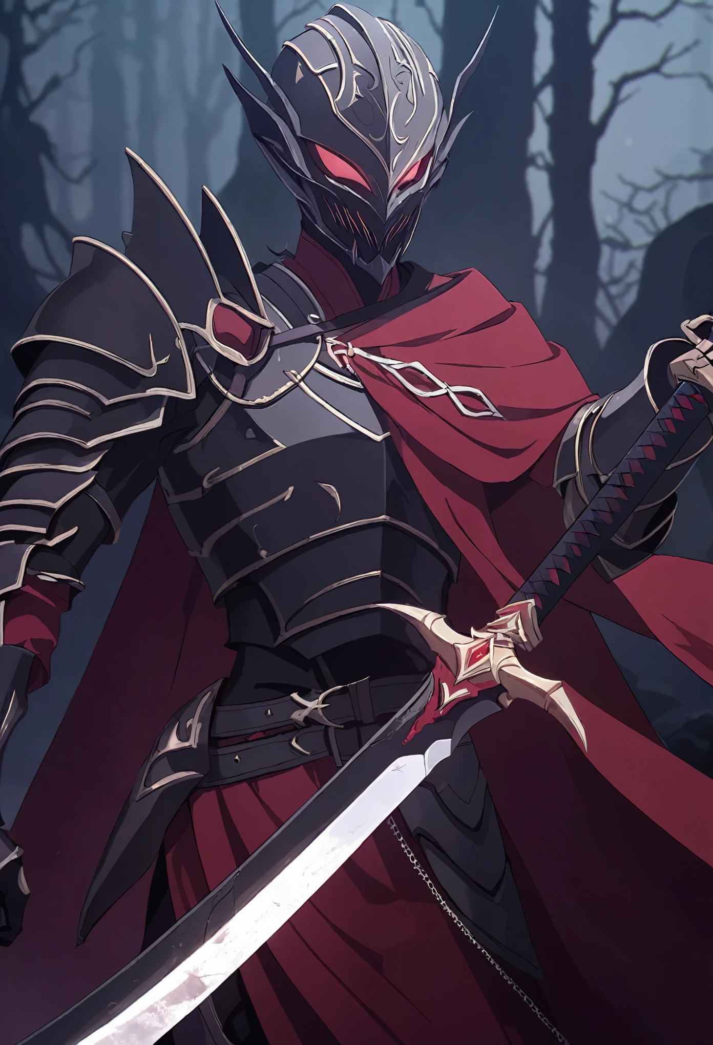 Male Elf, clad in armor made of dark metal, helmet with the mask of a demonic grin, long red robe, curved two-handed sword, creepy angular armor