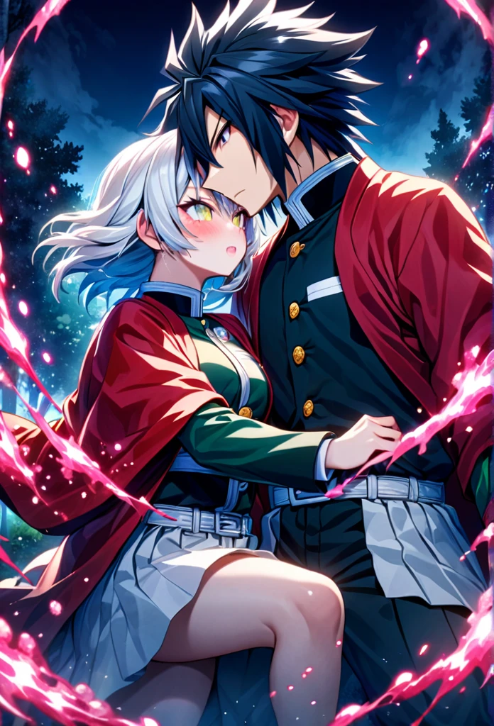 Ultra detailed, high resolution, absurd, HDR, masterpiece, anime girl and boy, beautiful woman (with long white hair with deep red streaks, woman (with yellow eyes), the woman (is wearing a red haori), in black demon slayer corps uniform, Kimetsu No Yaiba, fantasy, handsome, Tomioka Giyu, Hashira, Tomioka is serious, couple, night, forest, best quality, extremely detailed face, anime, the girl is really hurt, the girl is covered in blood , Tomioka is a strong man, the girl is angry, Tomioka Giyu is trying to protect the pretty girl, Tomioka is protecting his lover, both are powerfull, powerfull couple, water and blood power, water hashira, blood hashira
