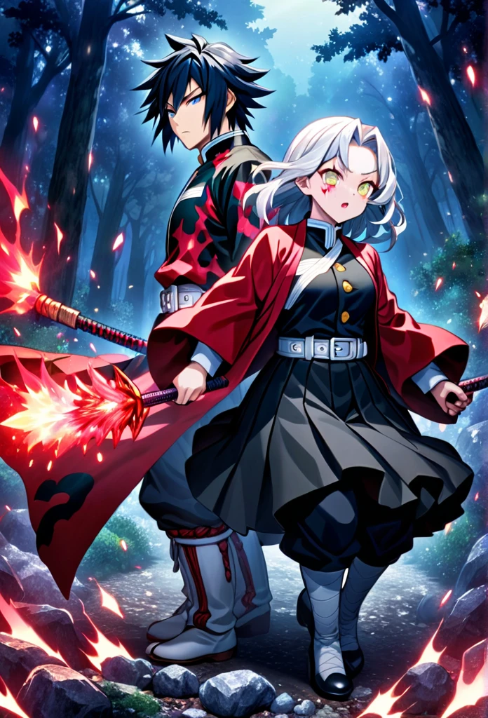 Ultra detailed, high resolution, absurd, HDR, masterpiece, anime girl and boy, beautiful woman (with long white hair with deep red streaks, woman (with yellow eyes), the woman (is wearing a red haori), in black demon slayer corps uniform, Kimetsu No Yaiba, fantasy, handsome, Tomioka Giyu, Hashira, Tomioka is serious, couple, night, forest, best quality, extremely detailed face, anime, the girl is really hurt, the girl is covered in blood , Tomioka is a strong man, the girl is angry, Tomioka Giyu is trying to protect the pretty girl, Tomioka is protecting his lover, both are powerfull, powerfull couple, water and blood power, water hashira, blood hashira 