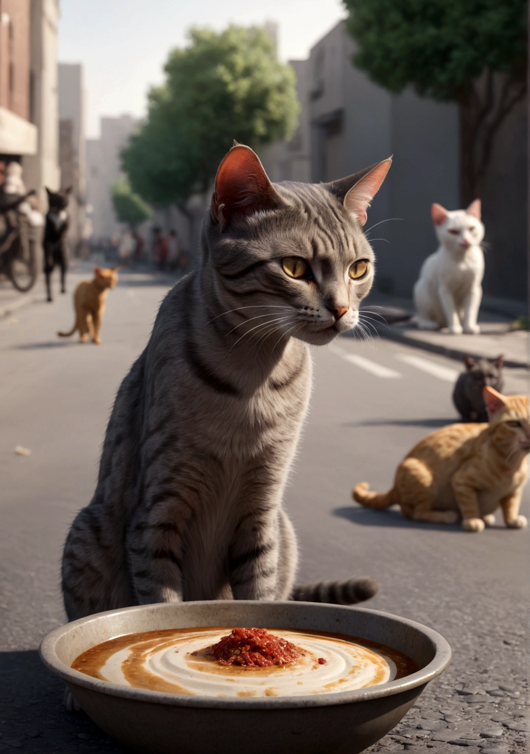 create an image of a starving injuried cat, laying in the middle of the street. the cat is crying. The background shows a group of humans laughing at him. the atmosphere is dramatic and touching, highlighting the sad situation. there is a empty bowl with no food in front of the skinny cat. realistic,