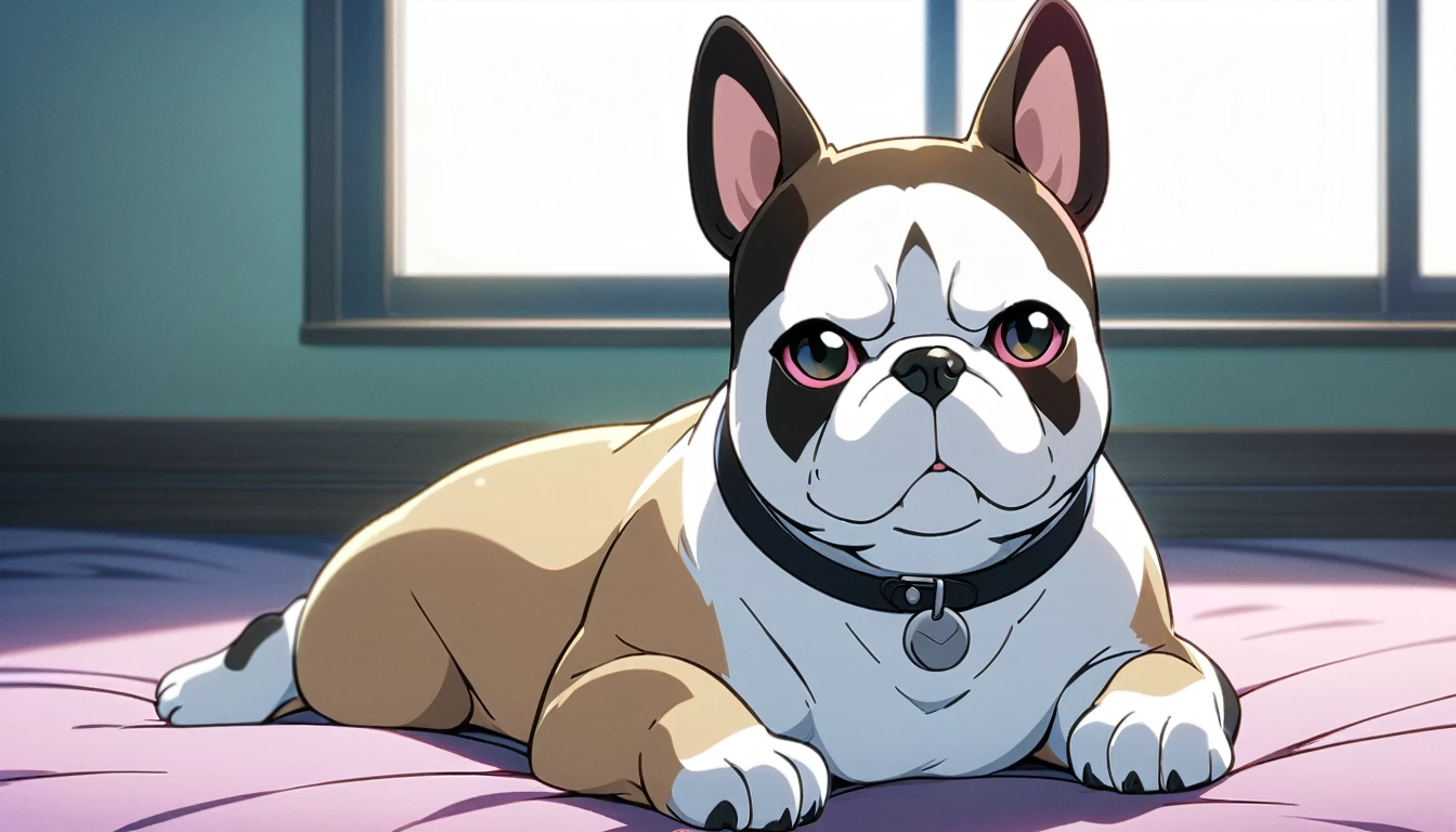 solo、Looking at the viewer、Lying、indoor、Blurred、No humans、window、animal、French Bulldog、animalフォーカス、Anime Style
