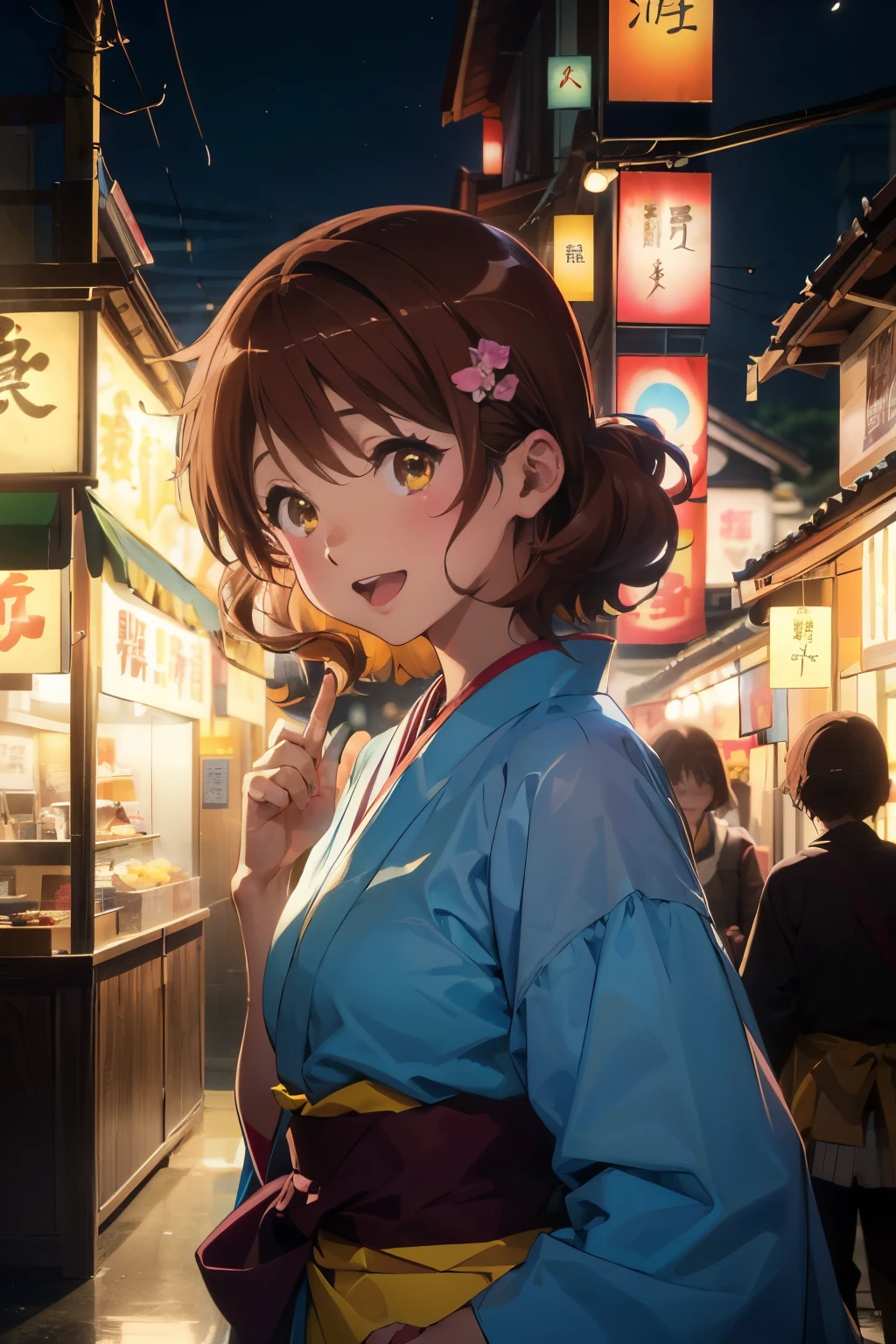 (Best image quality, 8K, high quality, High detail,masterpiece:1.2)、kumiko oumae,Oumae Kumiko,Eye Light、Face Light、Sparkling Eyes、solo、1 girl、Look at the viewer、sketch、Flat Color、、anime、animeカラーリング、(night、stall、Japanese Festivals:1.3)、Kumiko Oumae、(Yellow yukata:1.3)、smile、Laugh with your mouth wide open、Random pose、(Blur the background:1.3)、Cover your subject all over