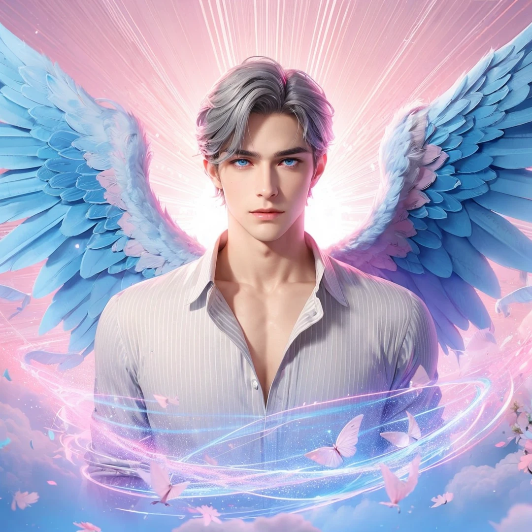 Handsome boy, gray hair, blue eyes, blue and pink wings