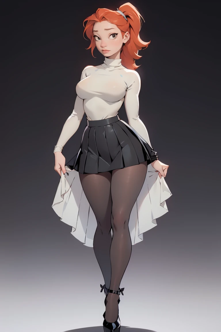 photo of a ginger 16yo girl, freckled face, face freckles, rosy, contemptuous look, 1 girl, solo, full body view, ponytail haircut,pale skin, big round , stand sexy pose, beautiful, ((pleated skirt with black tights under skirt)), ((oversized black sweater)), black high heel shoes