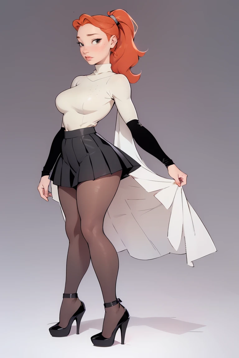 photo of a ginger 16yo girl, freckled face, face freckles, rosy, contemptuous look, 1 girl, solo, full body view, ponytail haircut,pale skin, big round , stand sexy pose, beautiful, ((pleated skirt with black tights under skirt)), ((oversized black sweater)), black high heel shoes