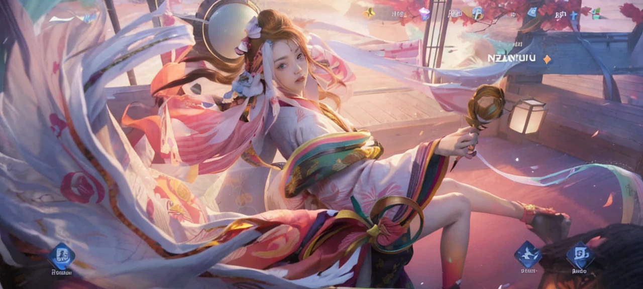 ((masterpiece)), nezuko, 1girl, bamboo, bit gag, brown hair, checkered sash, gag, gagged, gradient hair, hair ribbon, haori, japanese clothes, kimono, long hair, looking at viewer, multicolored hair, orange hair, pink eyes, pink kimono, pink ribbon, ribbon, solo, upper body,