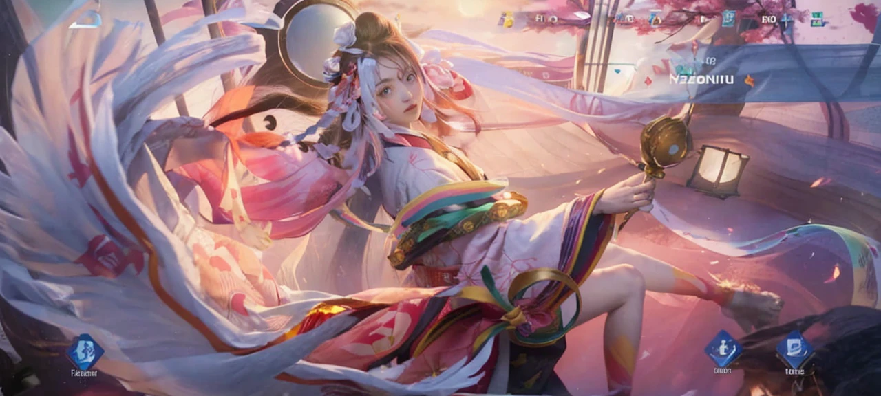 ((masterpiece)), nezuko, 1girl, bamboo, bit gag, brown hair, checkered sash, gag, gagged, gradient hair, hair ribbon, haori, japanese clothes, kimono, long hair, looking at viewer, multicolored hair, orange hair, pink eyes, pink kimono, pink ribbon, ribbon, solo, upper body,