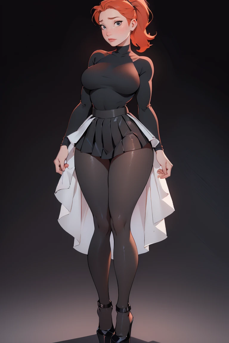 photo of a ginger  girl, freckled face, face freckles, rosy, contemptuous look, 1 girl, solo, full body view, ponytail haircut,pale skin, big round , stand sexy pose, beautiful, ((pleated skirt with black tights under skirt)), ((oversized black sweater)), black high heel shoes