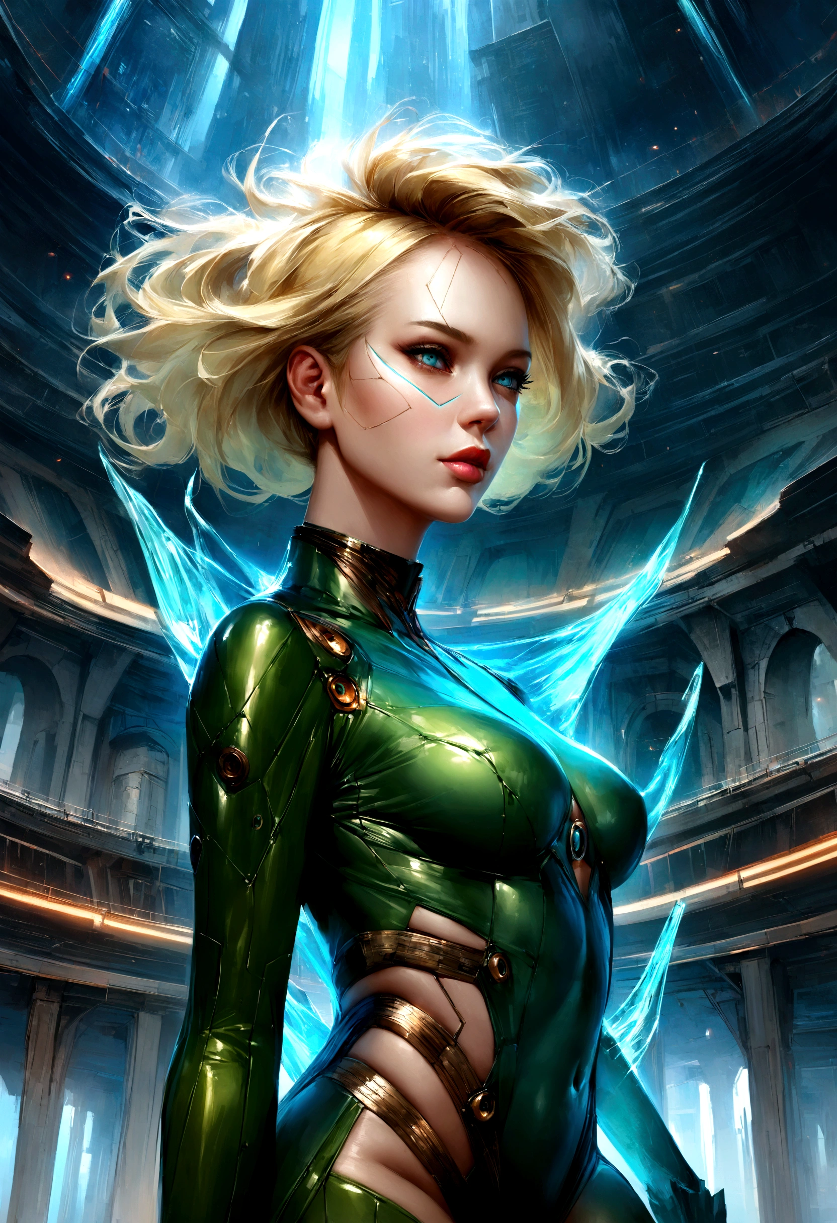 (best quality,4k,8k,highres,masterpiece:1.2),ultra-detailed,(photorealistic,photo-realistic:1.37), (A beautiful female phantom with compound eyes that look like the eyes of a praying mantis:1.5), futuristic, hi-tech, natural-looking skin, emerald-green compound eyes, exquisite, detailed face features, (piercing eyes, long eyelashes and sharp angles:1.3), sculptural facial structure, innovative fashion style, metallic, shimmering make-up, glowing eyeliner, ornate futuristic jewelry, elaborate headpiece, feathers and metallic elements, ethereal background with floating holographic particles, controlled lighting with soft highlights, bluish-green color scheme, otherworldly atmosphere. (NSFW:1.2), small breast