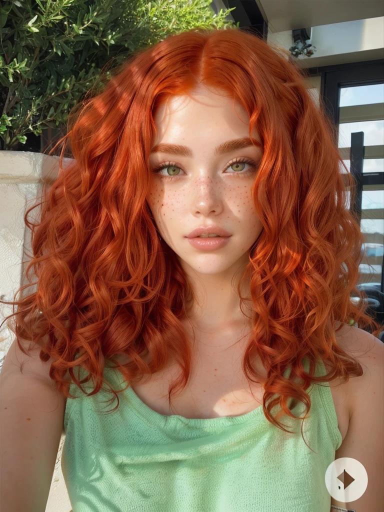 a close-up of a woman with red hair and freckled hair, copper colored curly hair, with curly red hair, madison beer like leeloo, curly red hair, orange skin and long, fiery hair, curly red hair, she has long redhair orange, hair orange brilhante, she has long orange brown hair, hair orange, wild red hair, red hair with freckles