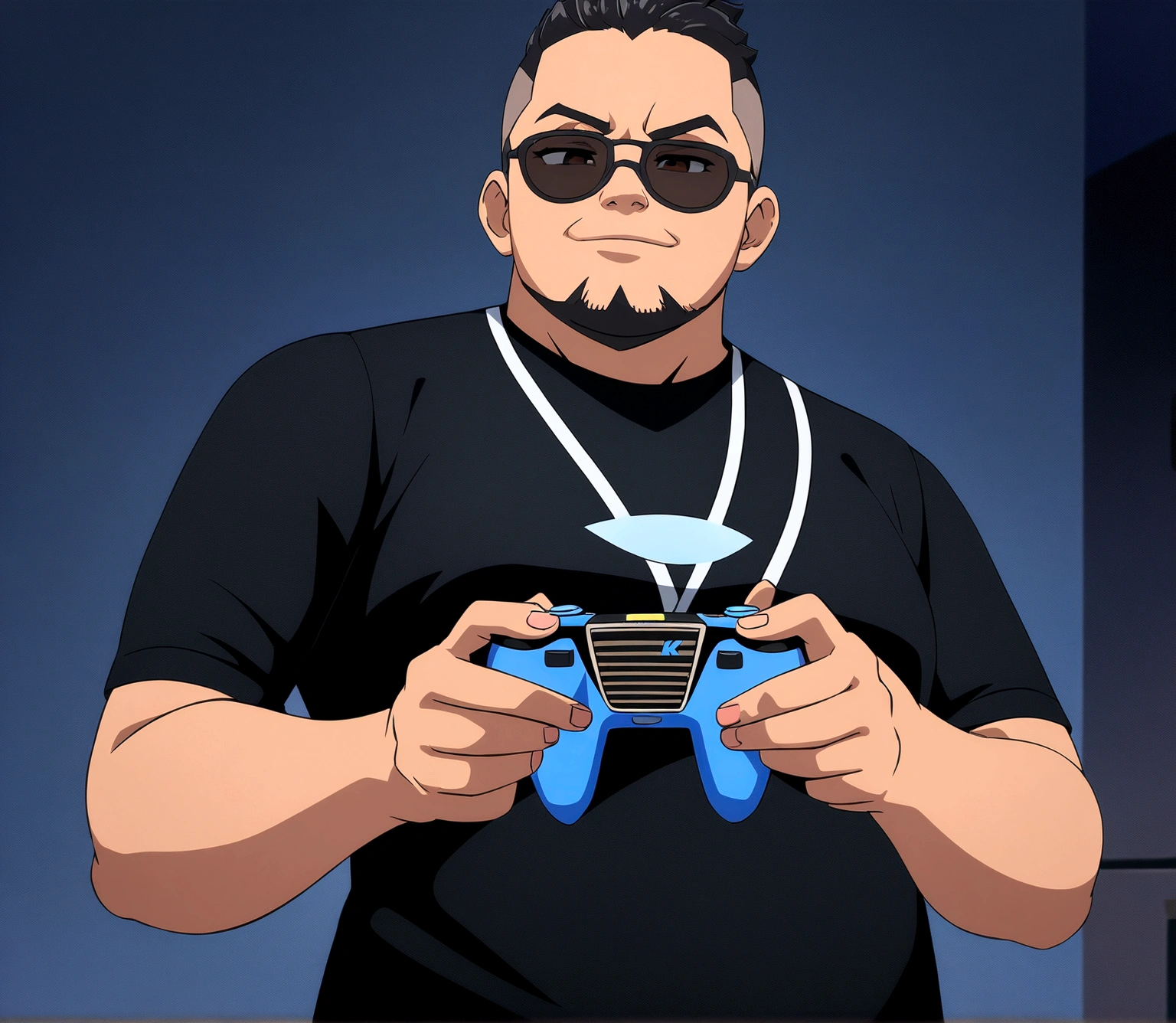 Dark-skinned man in black jacket and sunglasses standing on the street, undercut haircut, black hair, holding a controller, with circular beard, night, 8K anime badass, 4K anime wallpaper, 4K anime style, wallpaper 8K anime art wallpaper, 4K anime wallpaper, 4K anime wallpaper, 4K cartoon wallpaper, best 4K anime Konachan Wallpaper 4K Konachan Wallpaper, 4K Anime Art Wallpaper , 4K Anime Art Wallpaper