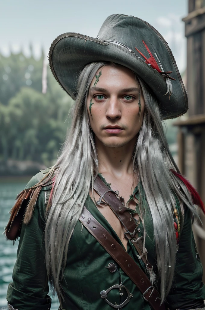 a young man, green eyes, long silver hair, pirate clothing, wide-brimmed hat with red feathers, (best quality,4k,8k,highres,masterpiece:1.2),ultra-detailed,(realistic,photorealistic,photo-realistic:1.37),detailed facial features, intricate pirate outfit, dramatic lighting, cinematic perspective, vibrant colors, fantasy, dramatic pose