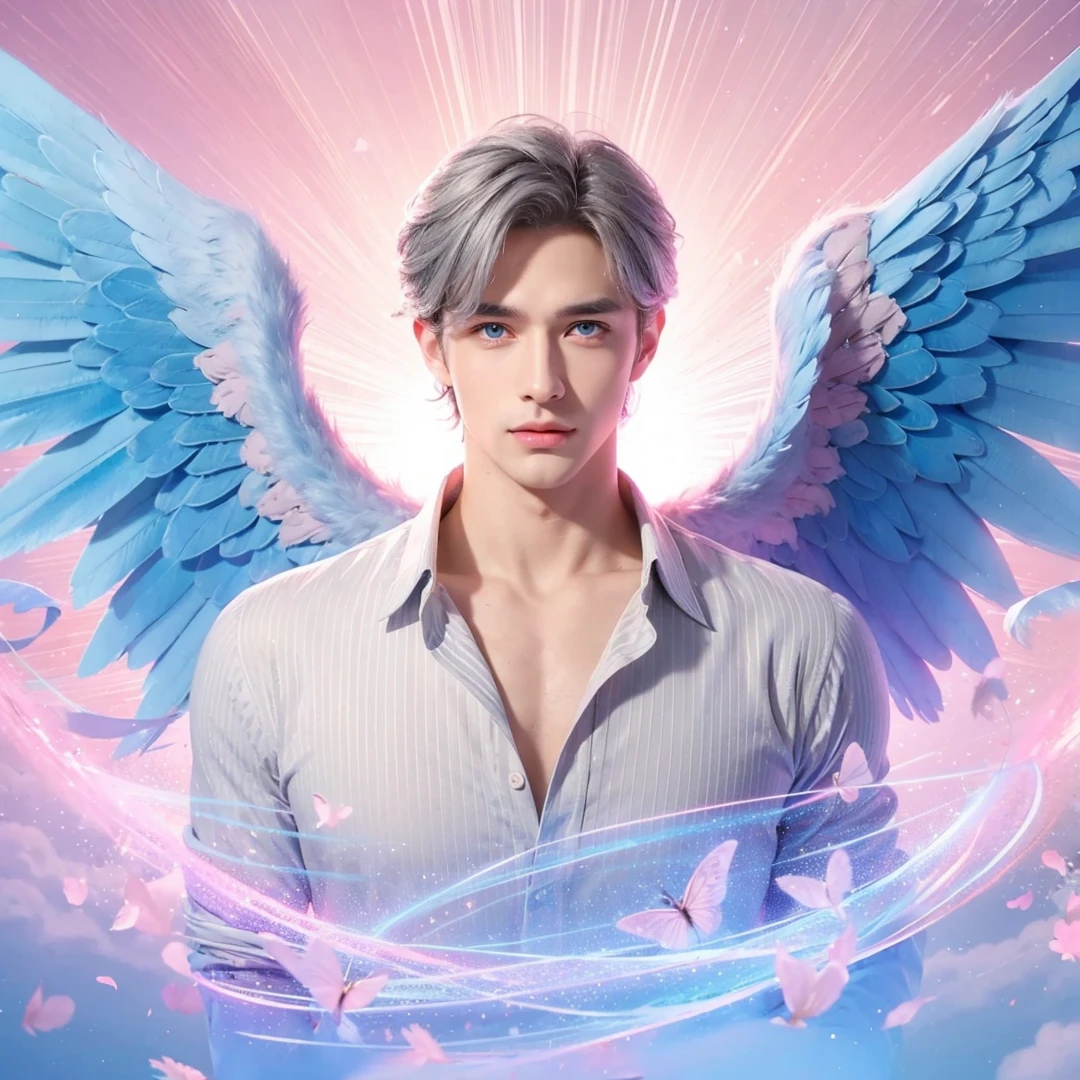 Handsome boy, gray hair, blue eyes, blue and pink wings
