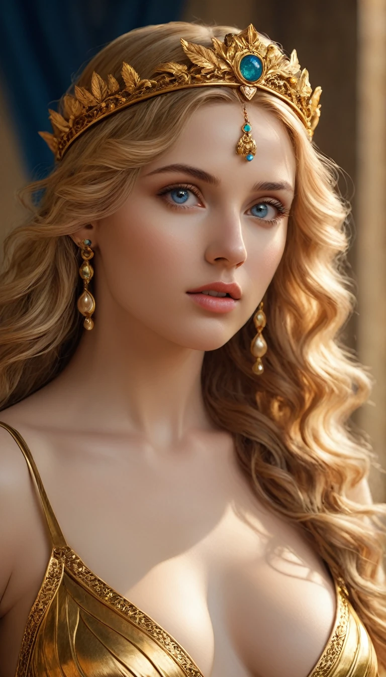 Helen of Troy with Menelaus (best quality,4k,8k,highres,masterpiece:1.2), ultra-detailed, (realistic,photorealistic,photo-realistic:1.37), portraits, HDR, Greek mythology, beautiful goddess Venus portrait, perfect DNA, detailed eyes, detailed lips, stunning beauty, flowing golden hair, nude, perfect body, perfect nude, graceful pose, enchanting gaze, vibrant colors, soft lighting.(NSFW:1.4)