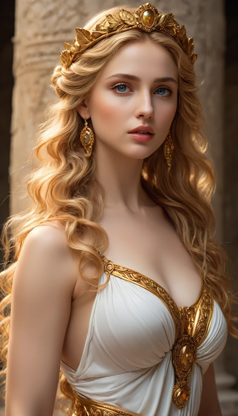 Helen of Troy with Menelaus (best quality,4k,8k,highres,masterpiece:1.2), ultra-detailed, (realistic,photorealistic,photo-realistic:1.37), portraits, HDR, Greek mythology, beautiful goddess Venus portrait, perfect DNA, detailed eyes, detailed lips, stunning beauty, flowing golden hair, nude, perfect body, perfect nude, graceful pose, enchanting gaze, vibrant colors, soft lighting.(NSFW:1.4)