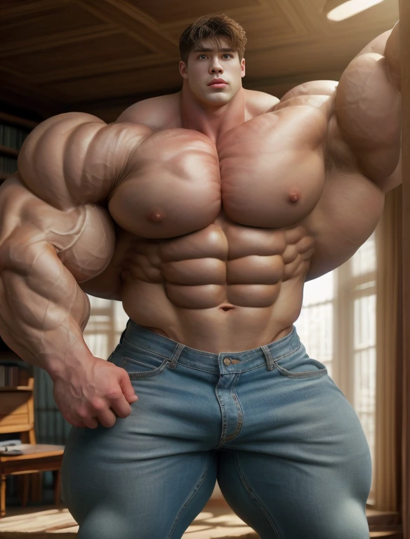 1boy, giant, alone, giant bodybuilder, illuminating light, strong body, bulk, large size, stay in the bookshelf room, armpit, indoor, nude, wear jean pants, massive bulge, extraordinary big, brutalmass, giant muscular body, bulk, buff, massive body, large meaty body size, extremely wide body,