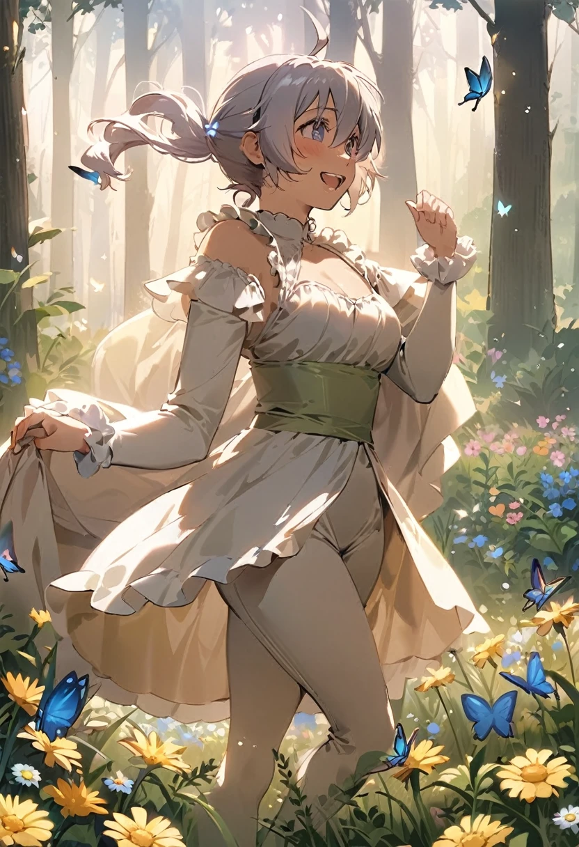 Sleeve cover style, detailed. best quality, art, detailed face, in the style of Lora Marvin. (a forest, bright butterflies the size of dinner plates flutter, a majestic unicorn prancing through a field of wildflowers) (comedy)