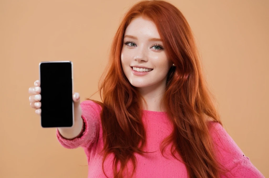 a close-up of a woman holding a cell phone in her hand, selfie of a young woman, she is holding a smartphone, 8k selfie photograph, accidentally taking a selfie, taking a selfie, uma young redhead, red hair and attractive features, holding a very advanced phone, young redhead, selfie photography, flowing red hair, frontal camera