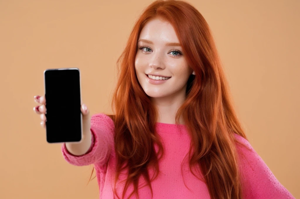 a close-up of a woman holding a cell phone in her hand, selfie of a young woman, she is holding a smartphone, 8k selfie photograph, accidentally taking a selfie, taking a selfie, uma young redhead, red hair and attractive features, holding a very advanced phone, young redhead, selfie photography, flowing red hair, frontal camera