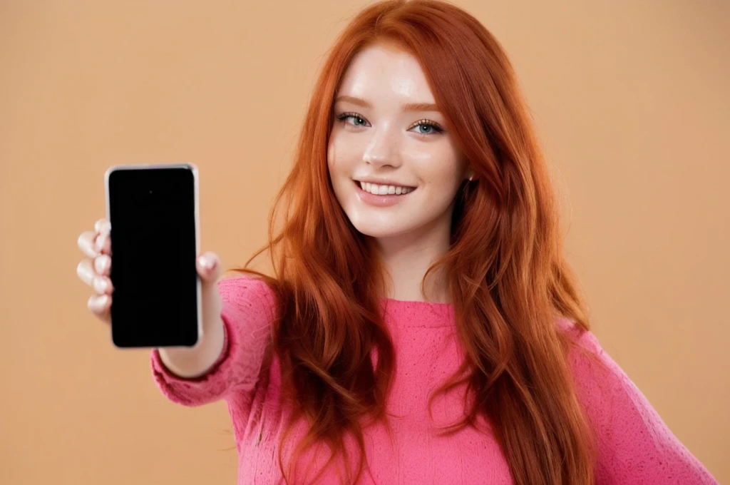 a close-up of a woman holding a cell phone in her hand, selfie of a young woman, she is holding a smartphone, 8k selfie photograph, accidentally taking a selfie, taking a selfie, uma young redhead, red hair and attractive features, holding a very advanced phone, young redhead, selfie photography, flowing red hair, frontal camera