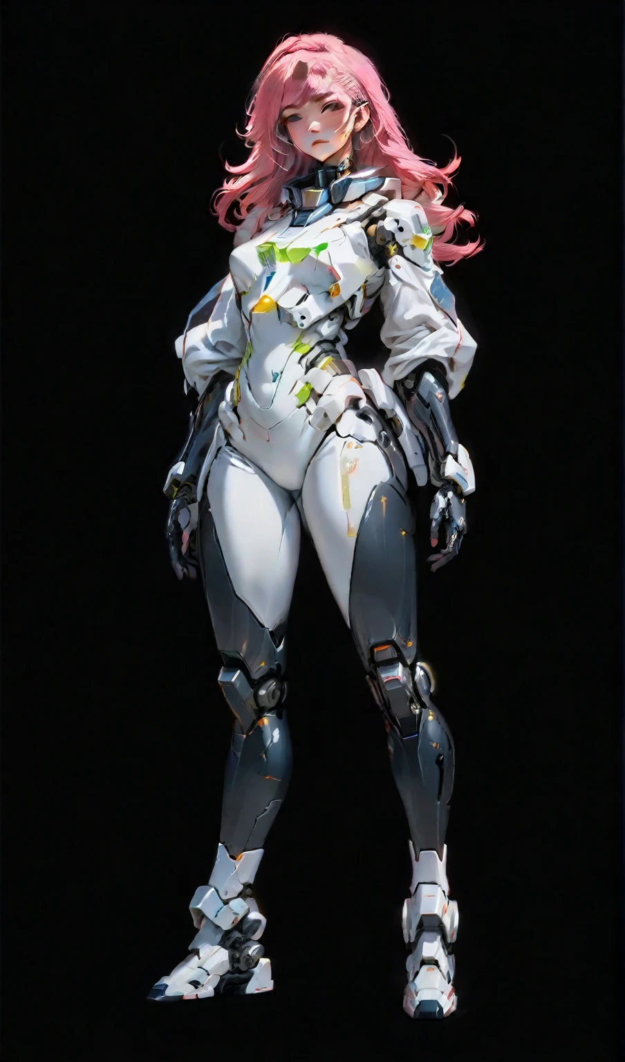 Vector Art, Flattening, smooth line art, Minimalism, graphic design aesthetics, flat illustration, (masterpiece, best quality, perfect composition, very aesthetic, absurdres, ultra-detailed, intricate details, Professional, official art, Representative work:1.3), a close up of a woman in a futuristic suit with pink hair, girl in mecha cyber armor, female mecha, mecha suit, cyberpunk anime girl mech, ferra white mecha, echo from overwatch, glossy white armor, cybersuit, sci - fi character, cyber suit, gynoid cyborg body, sci fi female character, diverse cybersuits