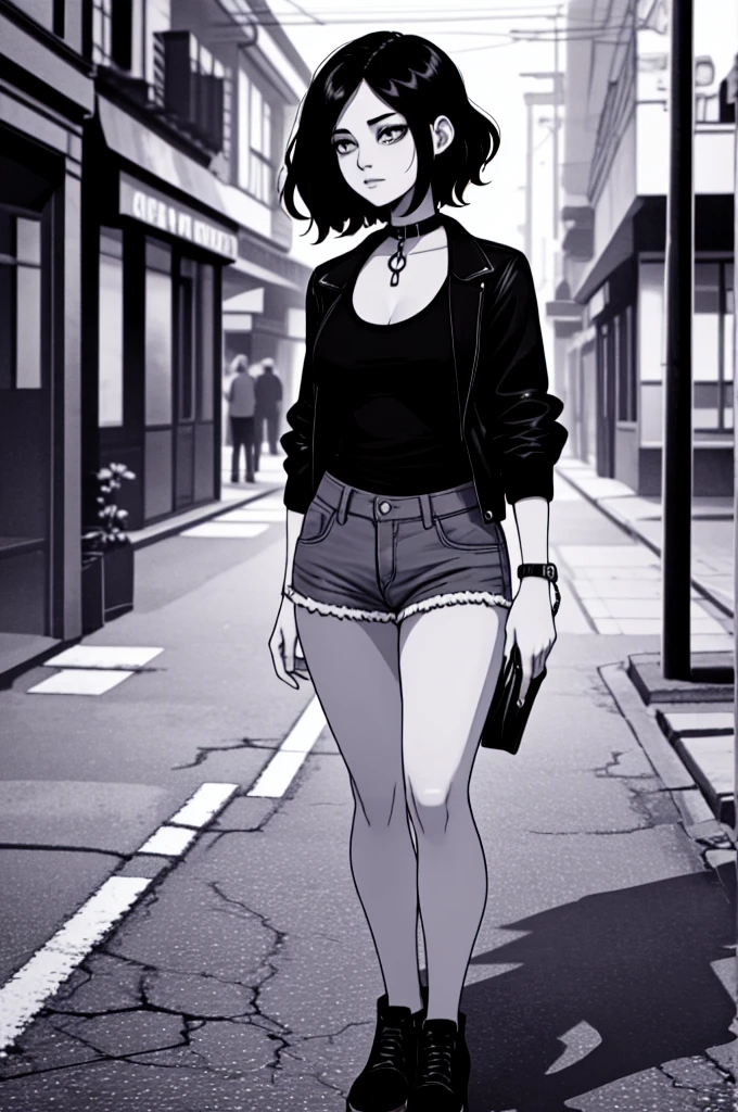 lineart, monochrome, ((medium breast, tomboy girls, small head)), (chiseled abs : 1.1), (perfect body : 1.1), (short wavy hair : 1.2) , black hair, collar, chain, full body shot, crowded street, wearing black tanktop, jeans jacket, ((shorts)), (extremely detailed CG 8k wallpaper), (an extremely delicate and beautiful), (masterpiece), (best quality:1.0), (ultra highres:1.0), beautiful, realistic shadows