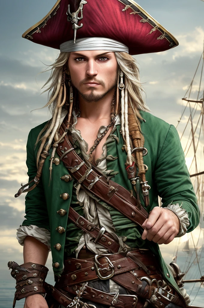 a young man, green eyes, long silver hair, pirate clothing, wide-brimmed hat with red feathers, (best quality,4k,8k,highres,masterpiece:1.2),ultra-detailed,(realistic,photorealistic,photo-realistic:1.37),detailed facial features, intricate pirate outfit, dramatic lighting, cinematic perspective, vibrant colors, fantasy, dramatic pose