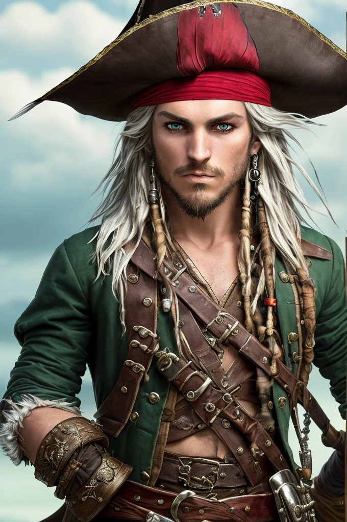 a young man, green eyes, long silver hair, pirate clothing, wide-brimmed hat with red feathers, (best quality,4k,8k,highres,masterpiece:1.2),ultra-detailed,(realistic,photorealistic,photo-realistic:1.37),detailed facial features, intricate pirate outfit, dramatic lighting, cinematic perspective, vibrant colors, fantasy, dramatic pose